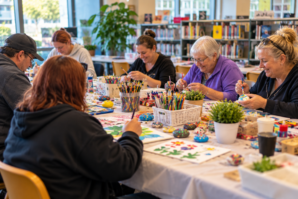 Community members enjoying arts and crafts together in a library setting, representing Willow House Community Support's free community connection program in Moe, Gippsland.