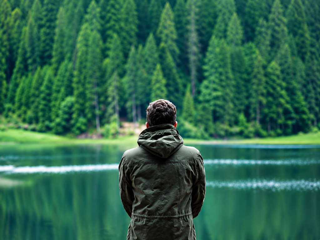 A person standing alone by a lake, symbolising loneliness, emotional distress and the challenges of facing mental health struggles alone.